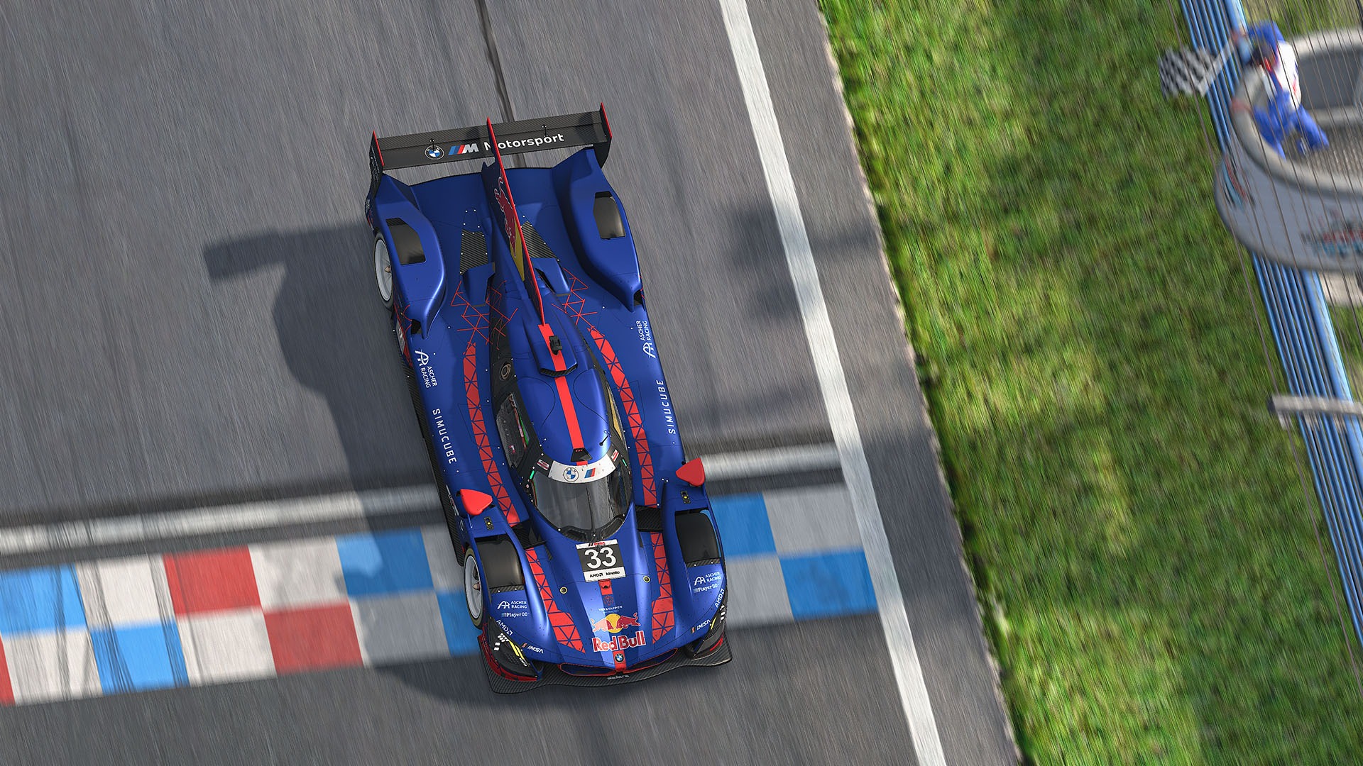 The #33 Verstappen Sim Racing BMW GTP car from above at Watkins Glen