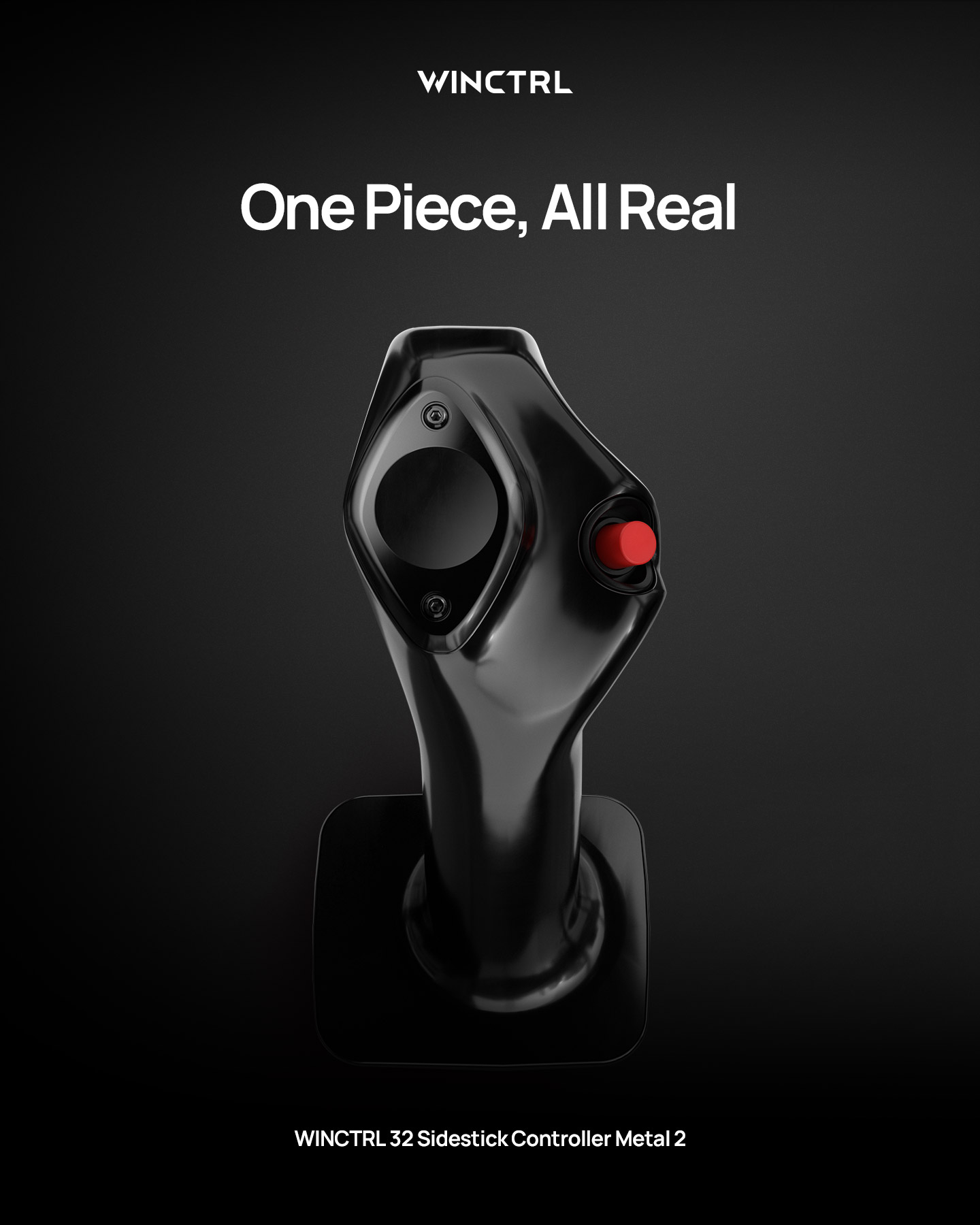The black WINCTRL 32 Sidestick Controller Metal 2 with a red push-to-talk trigger, under the heading 'One Piece, All Real'