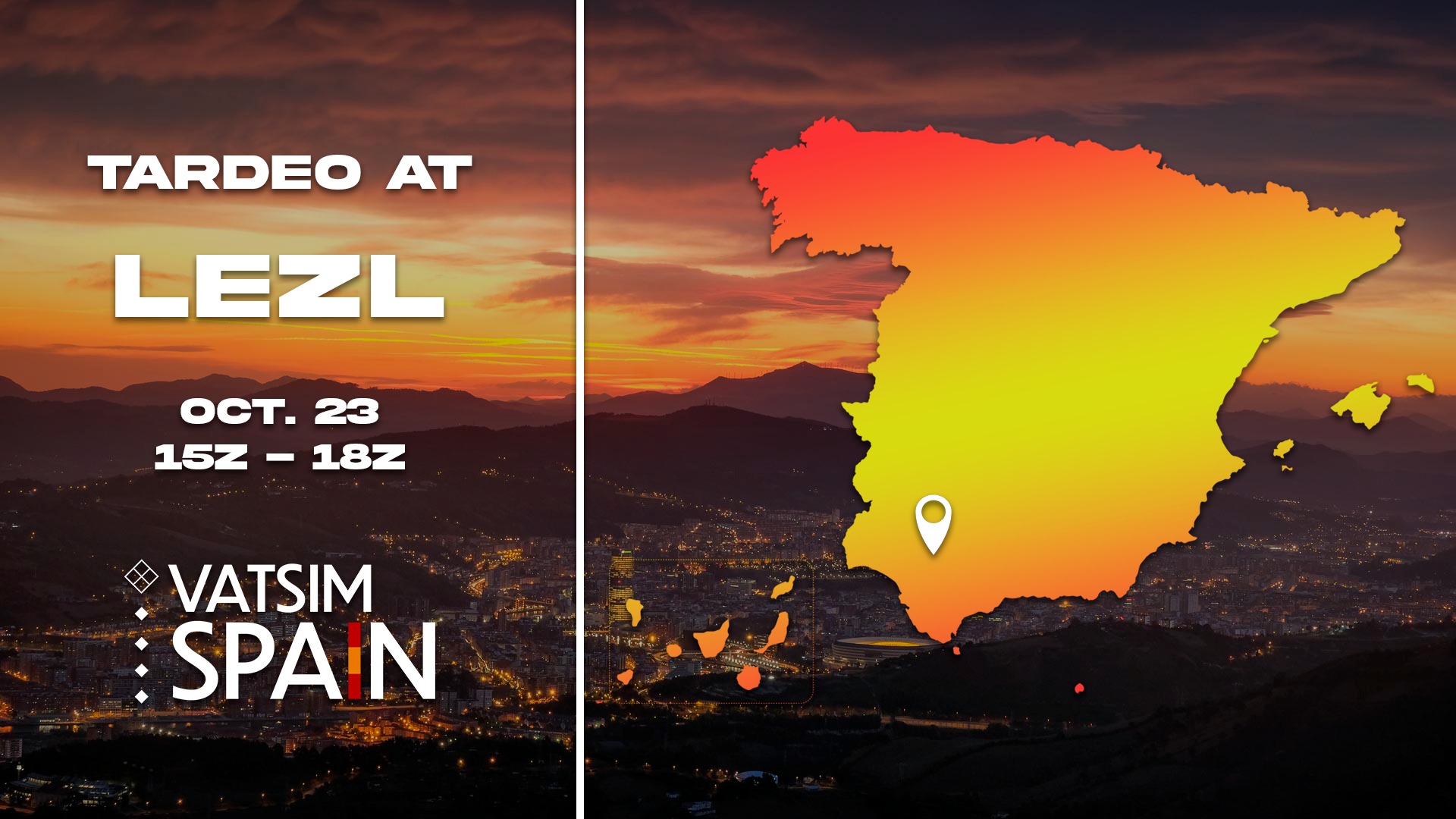 Tardeo at LEZL event banner from VATSIM Spain with a map of Spain marking Seville, Oct 23, 15z-18z.