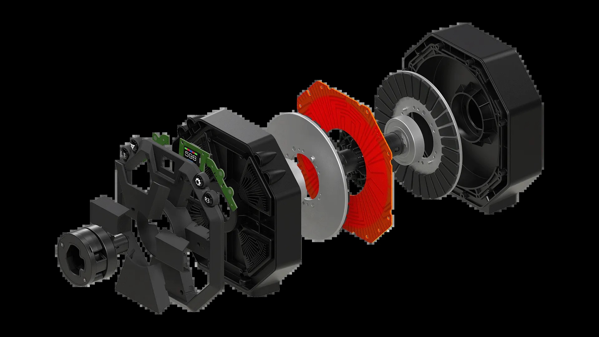 An exploded view of the T598 wheel base's motor and internal parts