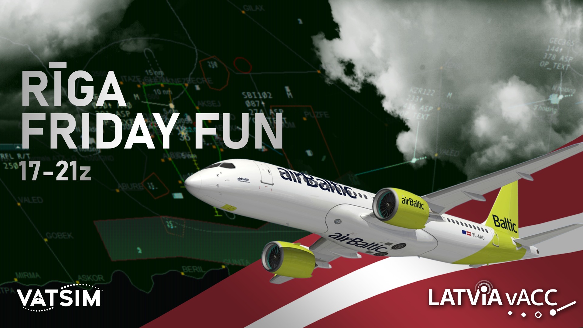 Riga Friday Fun event banner from Latvia vACC, showing an airBaltic airliner over clouds with the text 17-21z.
