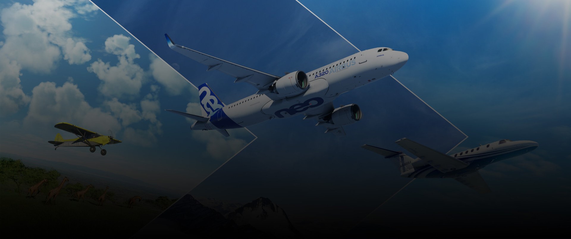 An Airbus A320neo, a light aircraft and a business jet flying in Microsoft Flight Simulator (2020)