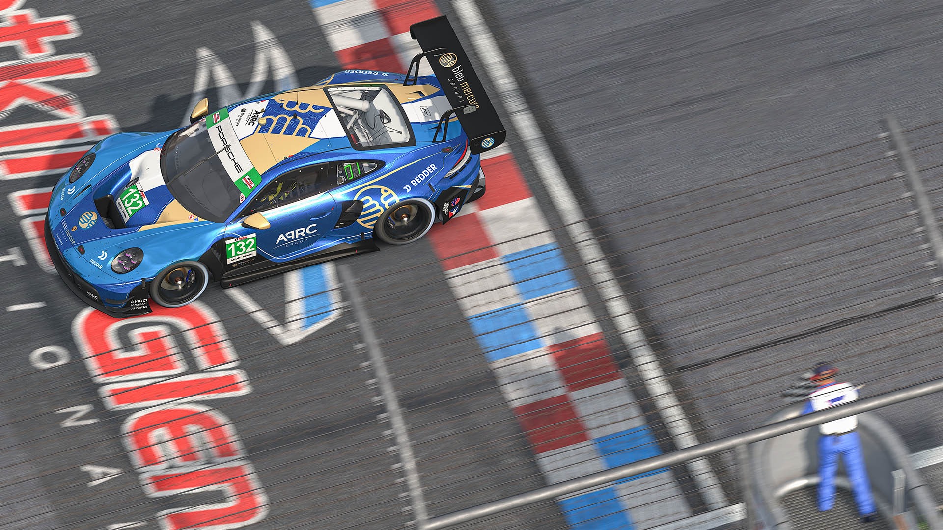 The #132 Bleu Mercure Porsche GTD car on track at Watkins Glen