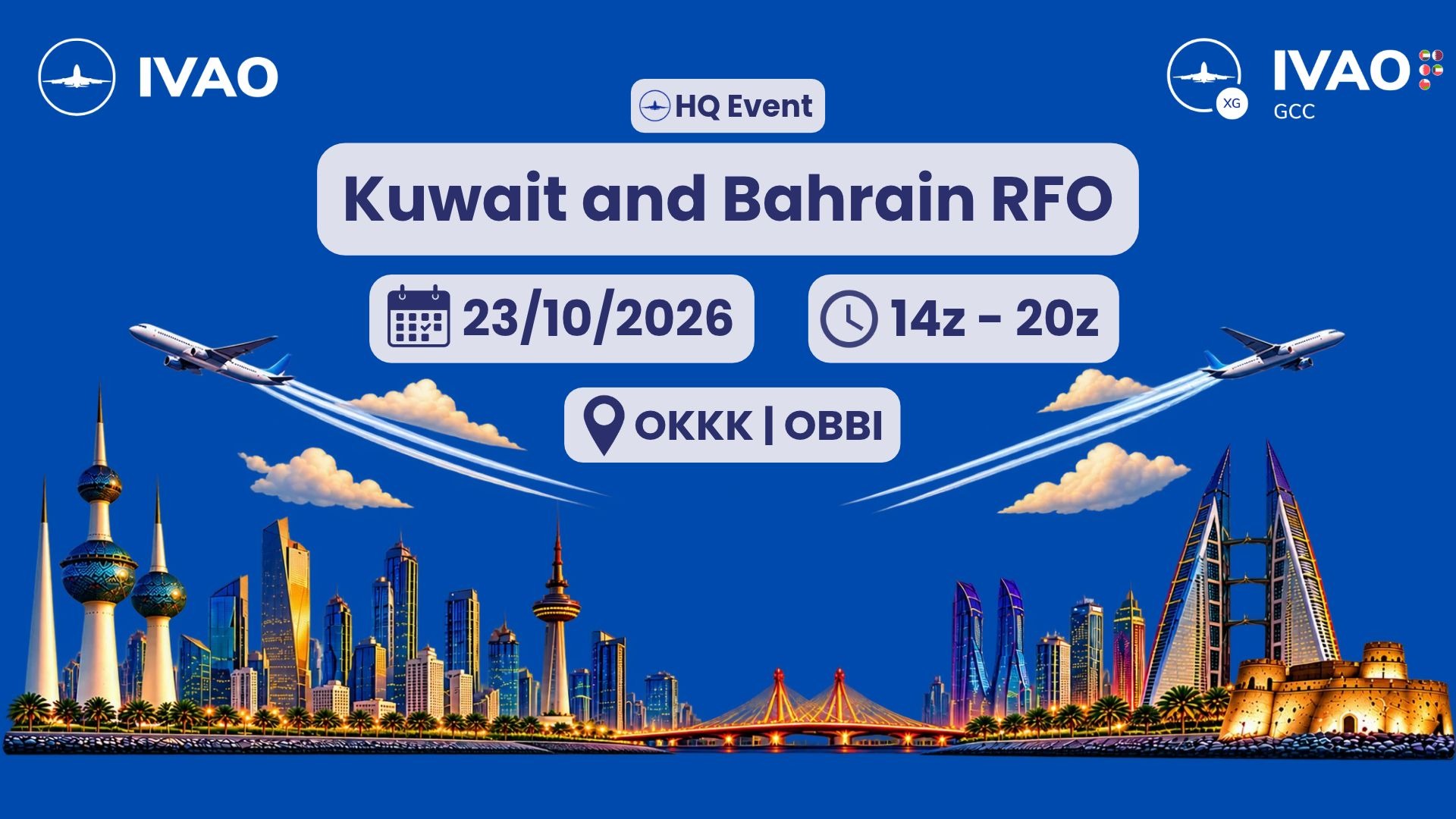 IVAO event graphic for the Kuwait and Bahrain RFO on 23 October 2026, 14z to 20z, between OKKK and OBBI, with the Kuwait and Bahrain skylines.