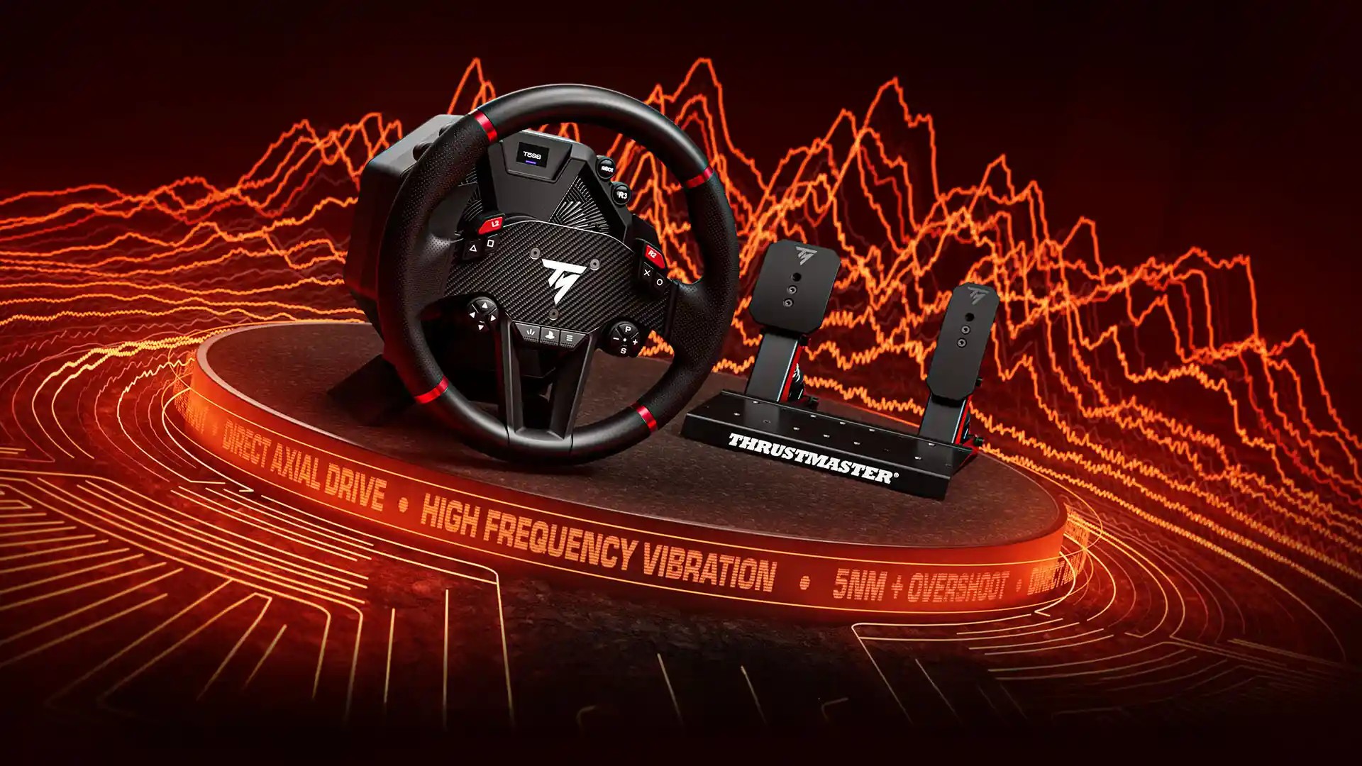 The T598 wheel and pedals on a platform with orange light trails