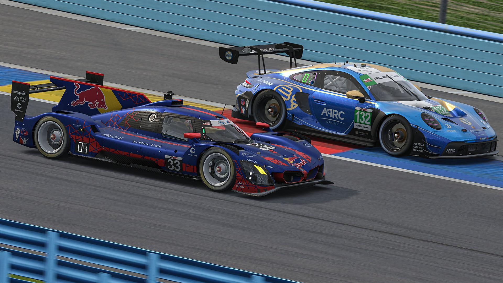 The #33 Verstappen Sim Racing BMW and the #132 Bleu Mercure Porsche side by side at Watkins Glen in iRacing