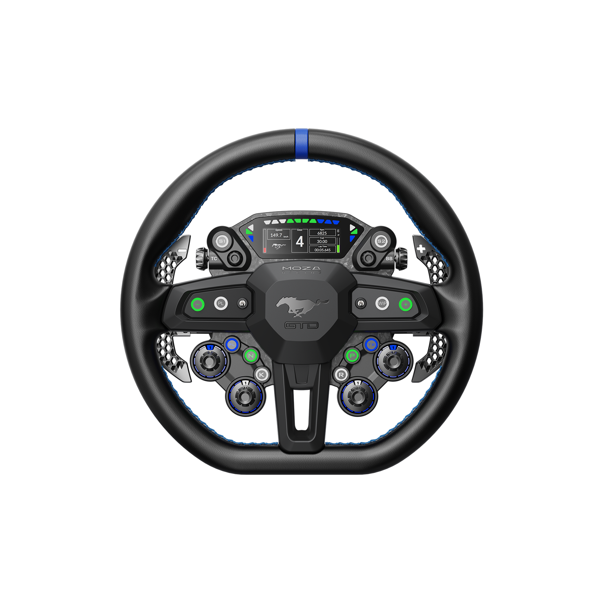 The MOZA x Ford Mustang GTD sim racing wheel seen front-on, with a blue centre stripe, Mustang emblem, central display and blue-lit rotary controls.