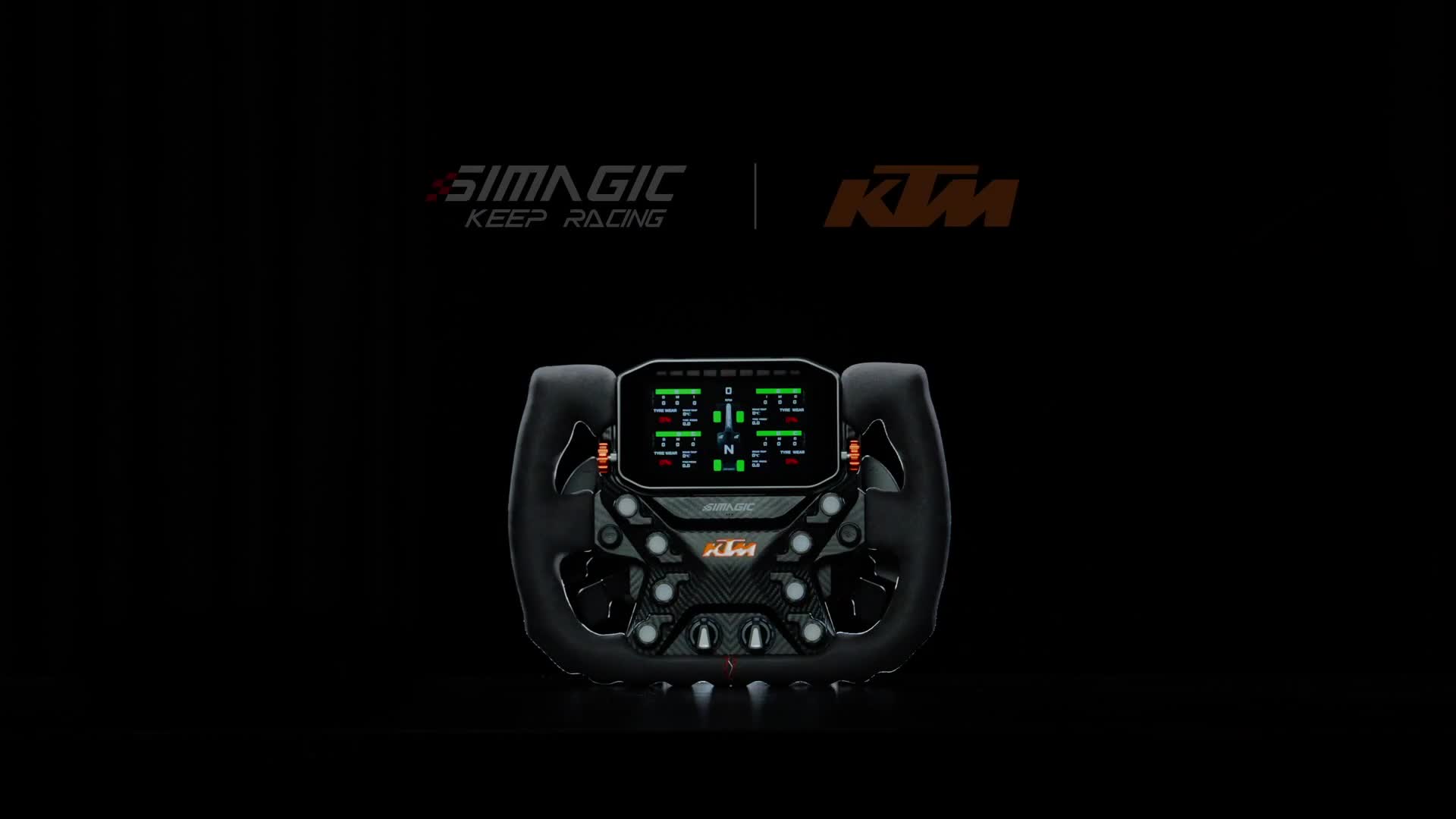 The SIMAGIC x KTM X-BOW GT2 wheel seen from the front on a black background, with its display lit and the SIMAGIC and KTM names above it