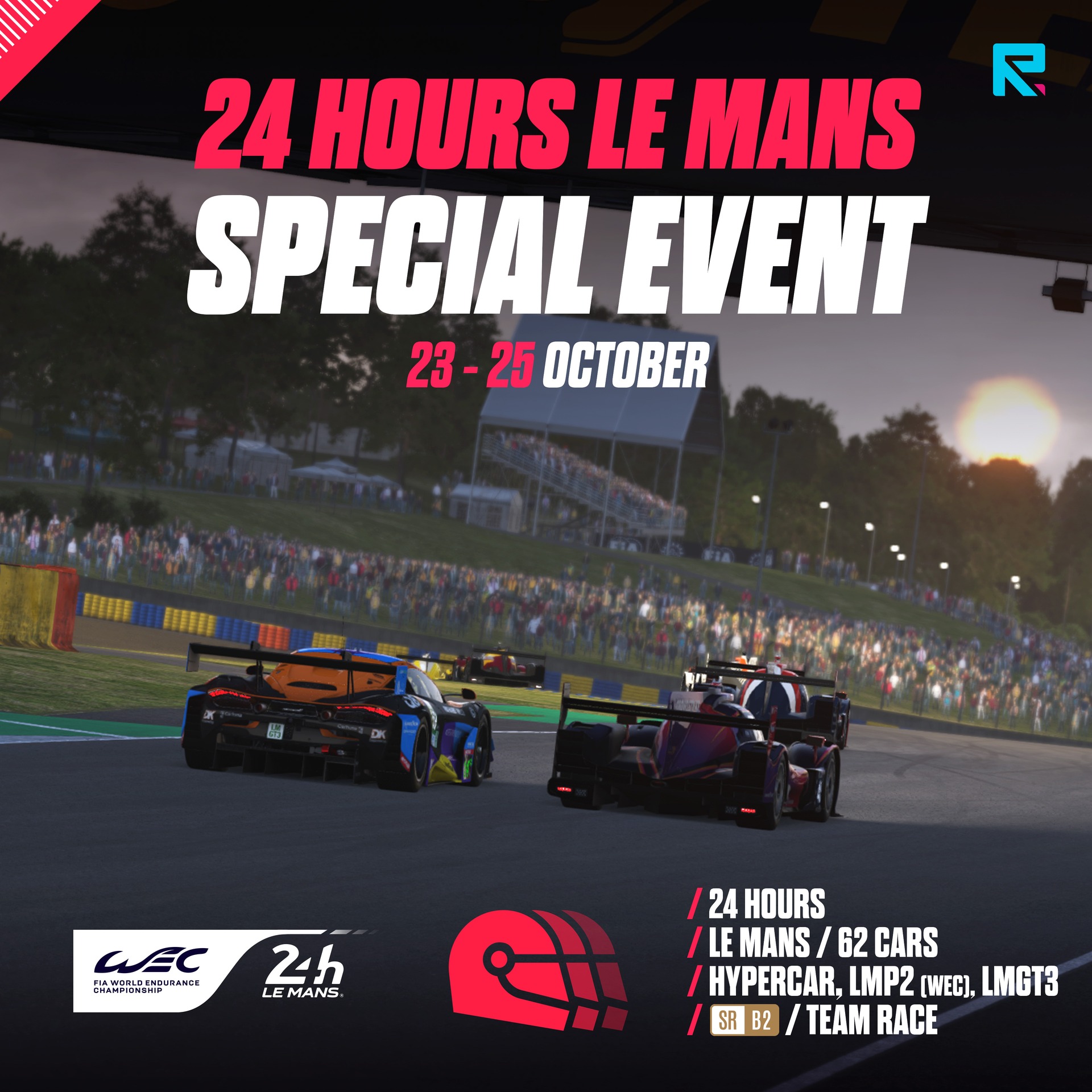 Le Mans Ultimate's 24 Hours of Le Mans Special Event graphic: cars racing at Le Mans at sunset, with the dates 23-25 October and the event details.