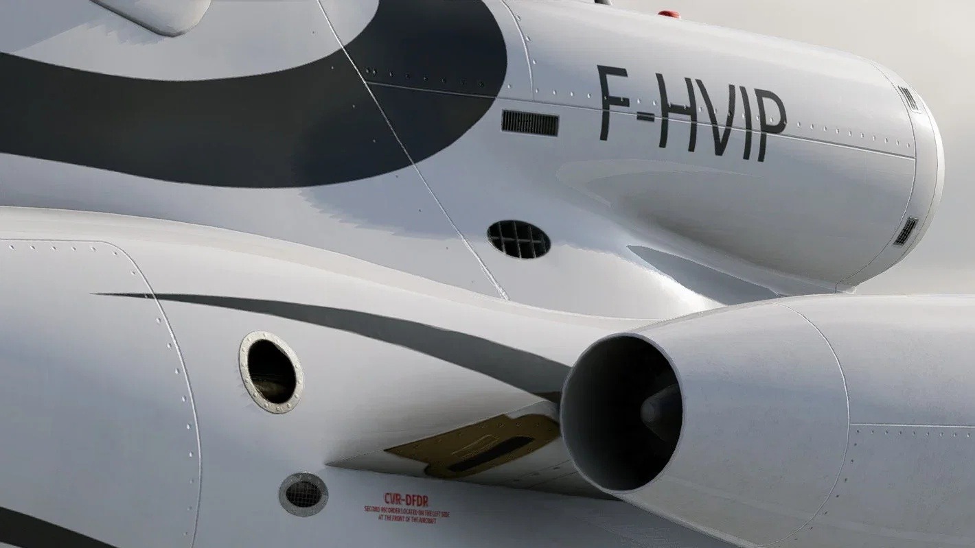 Close-up of the Aerobask Dassault Falcon 8X's rear fuselage and engine nacelle, registration F-HVIP, in X-Plane 12.