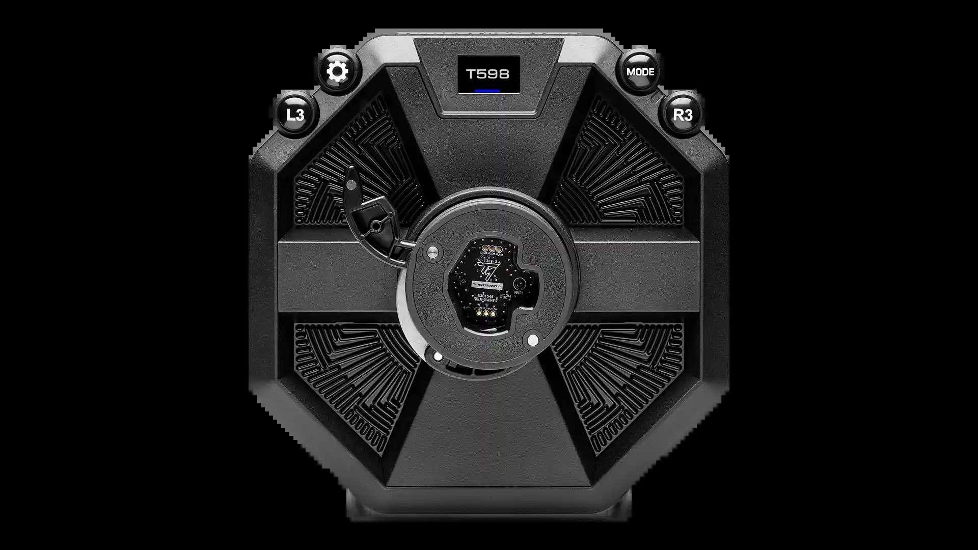 The front of the Thrustmaster T598 direct drive wheel base on a black background, with its small display and quick-release hub