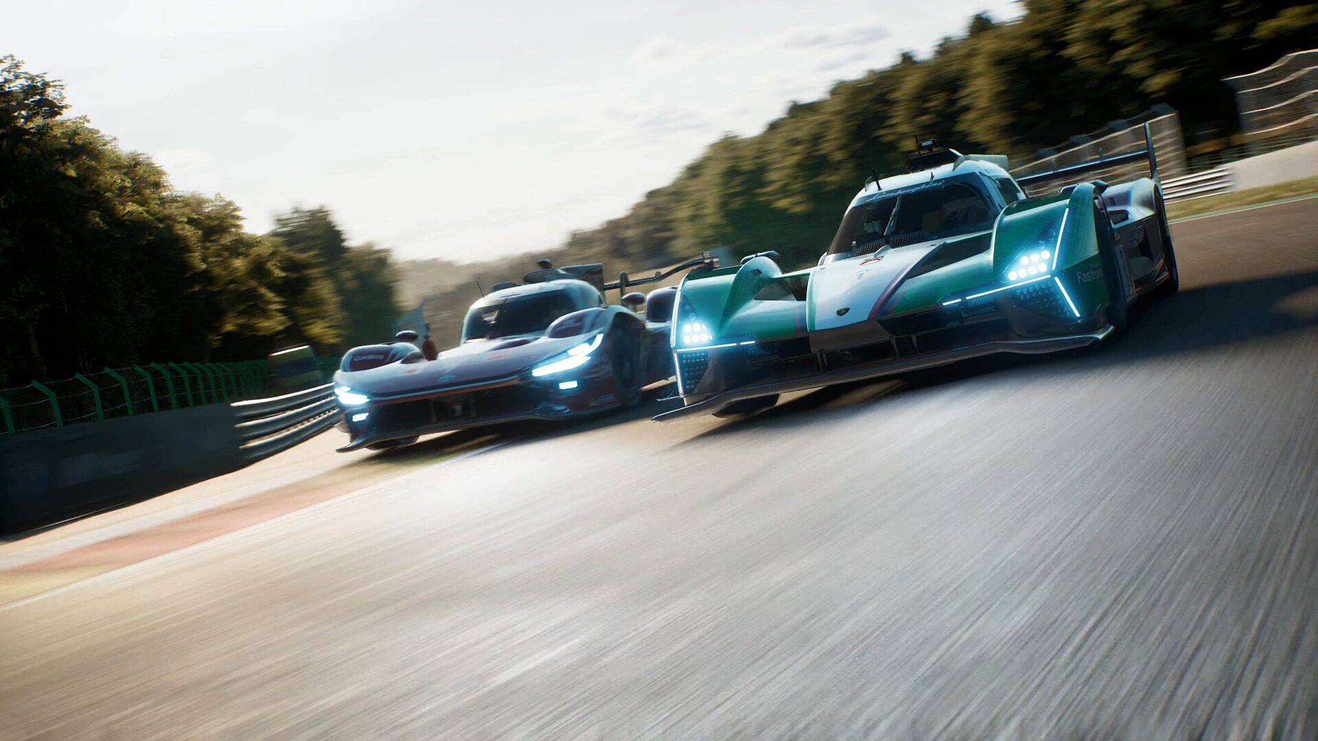 Two Hypercar Expansion prototypes racing side by side out of a corner in RENNSPORT, with trees and a grey sky behind.