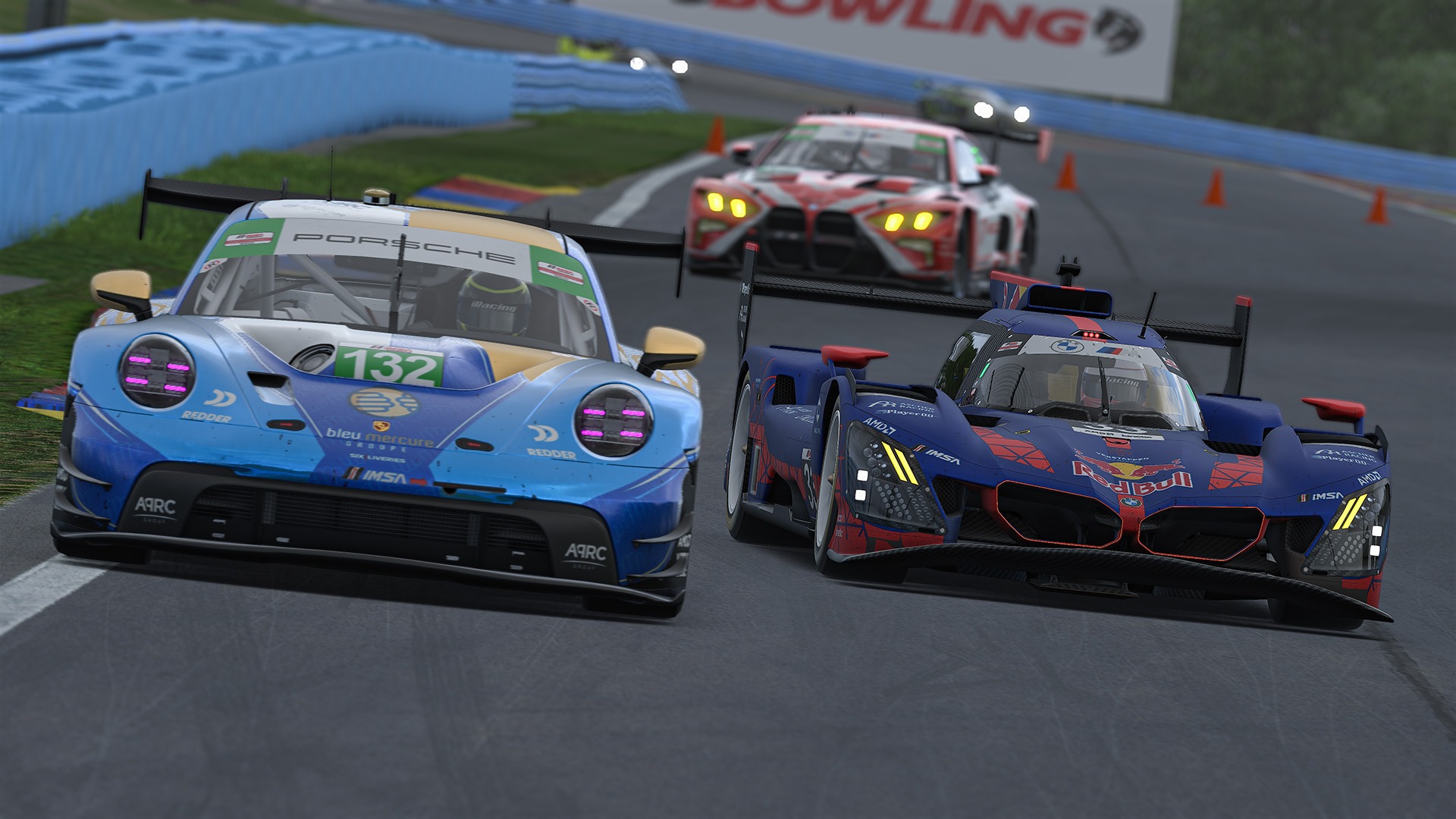 The #132 Bleu Mercure Porsche and a GTP prototype through a corner at Watkins Glen