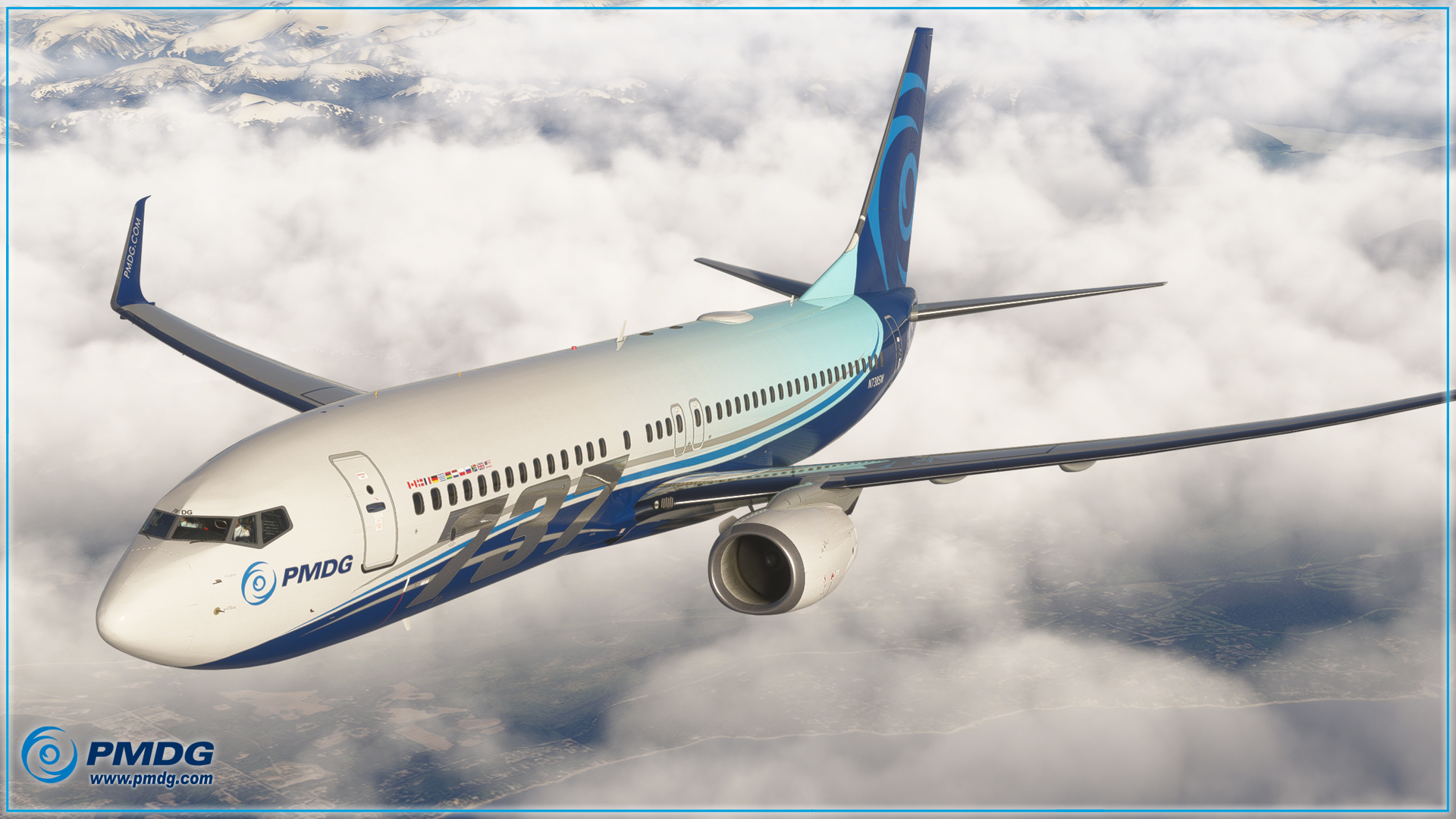 A PMDG 737-800 in a white and blue livery flying above a layer of cloud in Microsoft Flight Simulator 2024