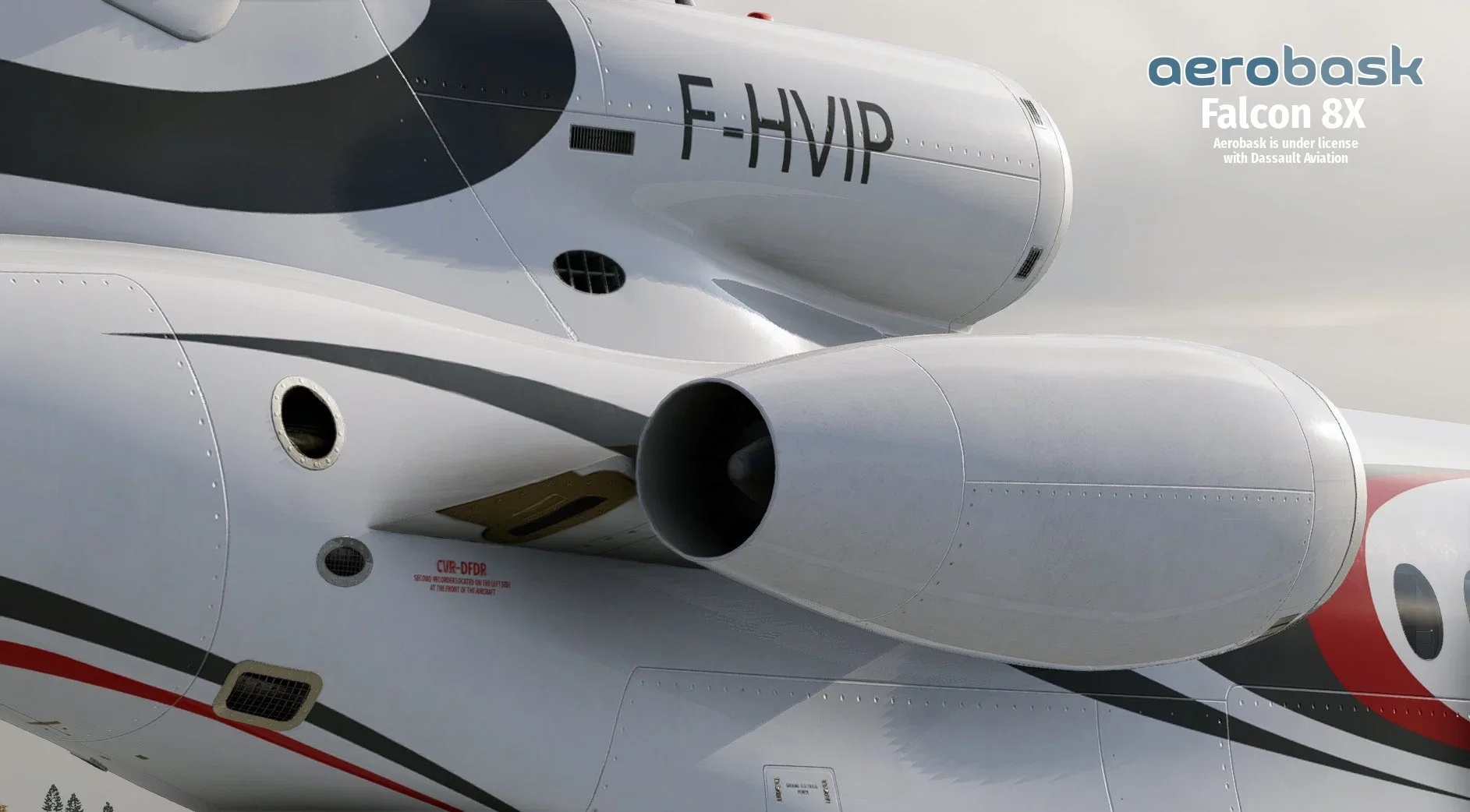 Close-up of the Aerobask Dassault Falcon 8X's rear fuselage and engine nacelle, registration F-HVIP, in X-Plane 12.