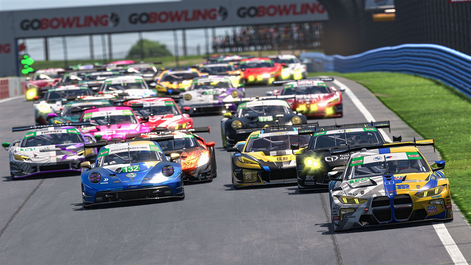 IMSA Esports cars packed together in traffic at Watkins Glen, with the #132 Porsche among them